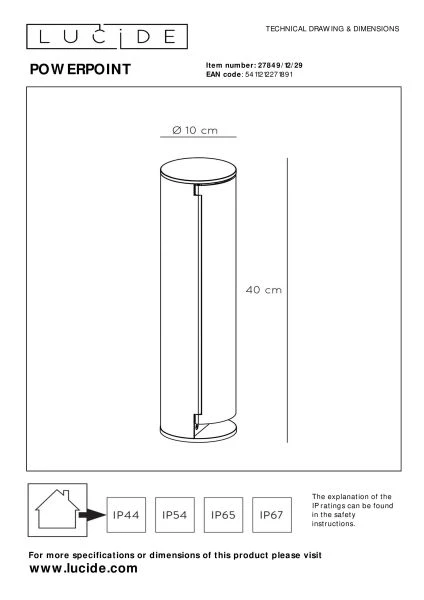 Lucide POWERPOINT - Buitenstopcontact zuil - Stopcontacten met randaarde - Type F - EUR/RUS standaard - Ø 10 cm - IP44 ? Antraciet - technisch